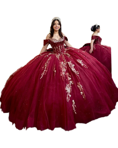 Vestido de Noche de Quinceañera con Hombros Descubiertos, Escote Corazón, Apliques Florales, Largo hasta el Suelo, para Fiesta Formal, Cintura Natural, Transpirable - Product Image 1