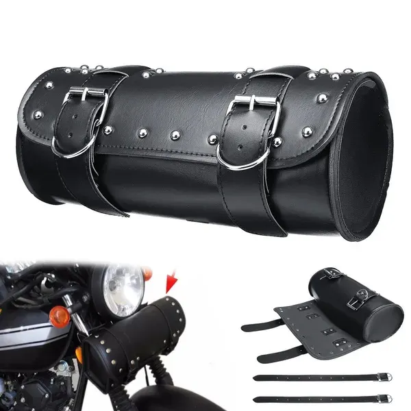 RACEPRO RP5500-5003B Black Universal Leather Motorcycle Tool Bag Fork Handlebar Saddlebag Roll Barrel Pouch