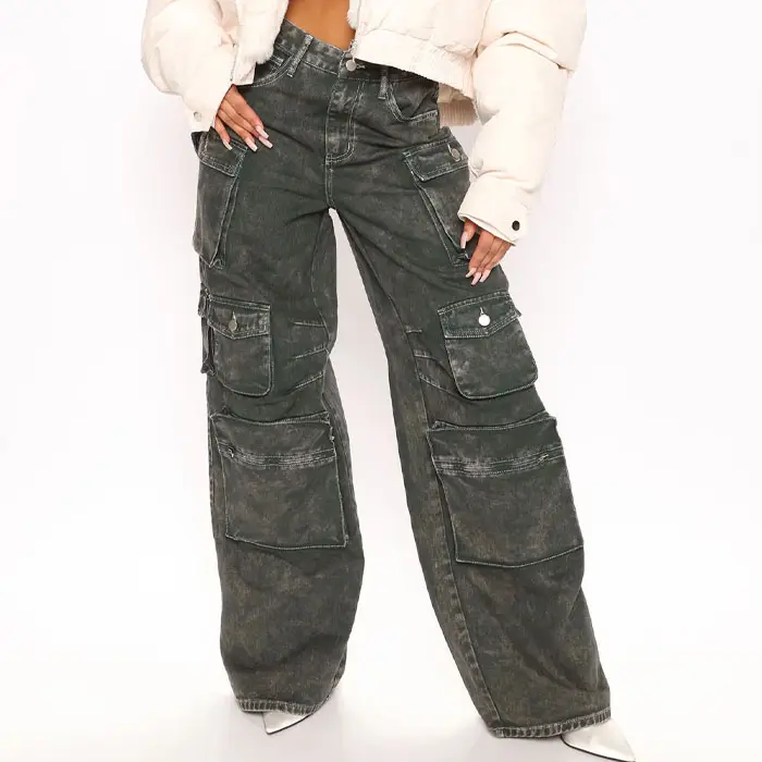 High Street femmes baggy pantalon taille haute multi poches délavé denim large jambe cargo jean 100% coton jean