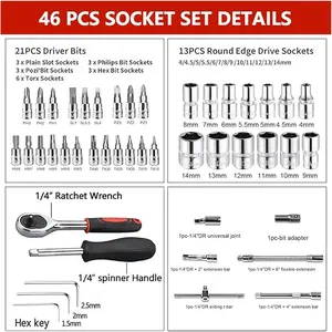 <span class=keywords><strong>Kit</strong></span> d'outils de réparation automobile 46 pièces : Clé dynamométrique à cliquet, Clé à molette, Tournevis, Jeu de douilles, Outils combinés pour réparation de vélos et automobiles - Product Image 6