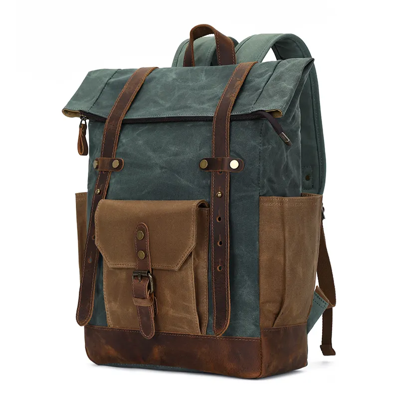 British design vintage stylish outdoor Camping hiking waterproof waxed canvas leather bagpack backpack back pack rucksack bag