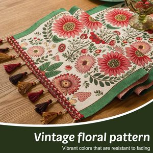 <span class=keywords><strong>Chemin</strong></span> <span class=keywords><strong>de</strong></span> <span class=keywords><strong>table</strong></span> vintage en polyester brodé 120/180/<span class=keywords><strong>220</strong></span> x 35 <span class=keywords><strong>cm</strong></span>, motif fleurs rétro, décoration <span class=keywords><strong>de</strong></span> <span class=keywords><strong>table</strong></span> à manger, style peinture à l'huile avec pompons - Product Image 1