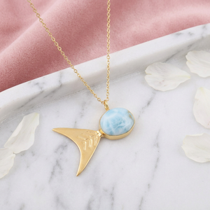 Pendentif poisson en larimar naturel, bijoux personnalisés, laiton massif plaqué or 18 carats, chaîne en câble, cabochon ovale, pierre précieuse, pour femmes - Product Image 5