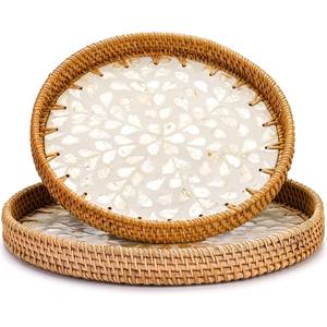 Bandeja de servicio redonda de ratán con incrustaciones de nácar hechas a mano al por mayor personalizadas con varios colores de Vietnam - Product Image 1