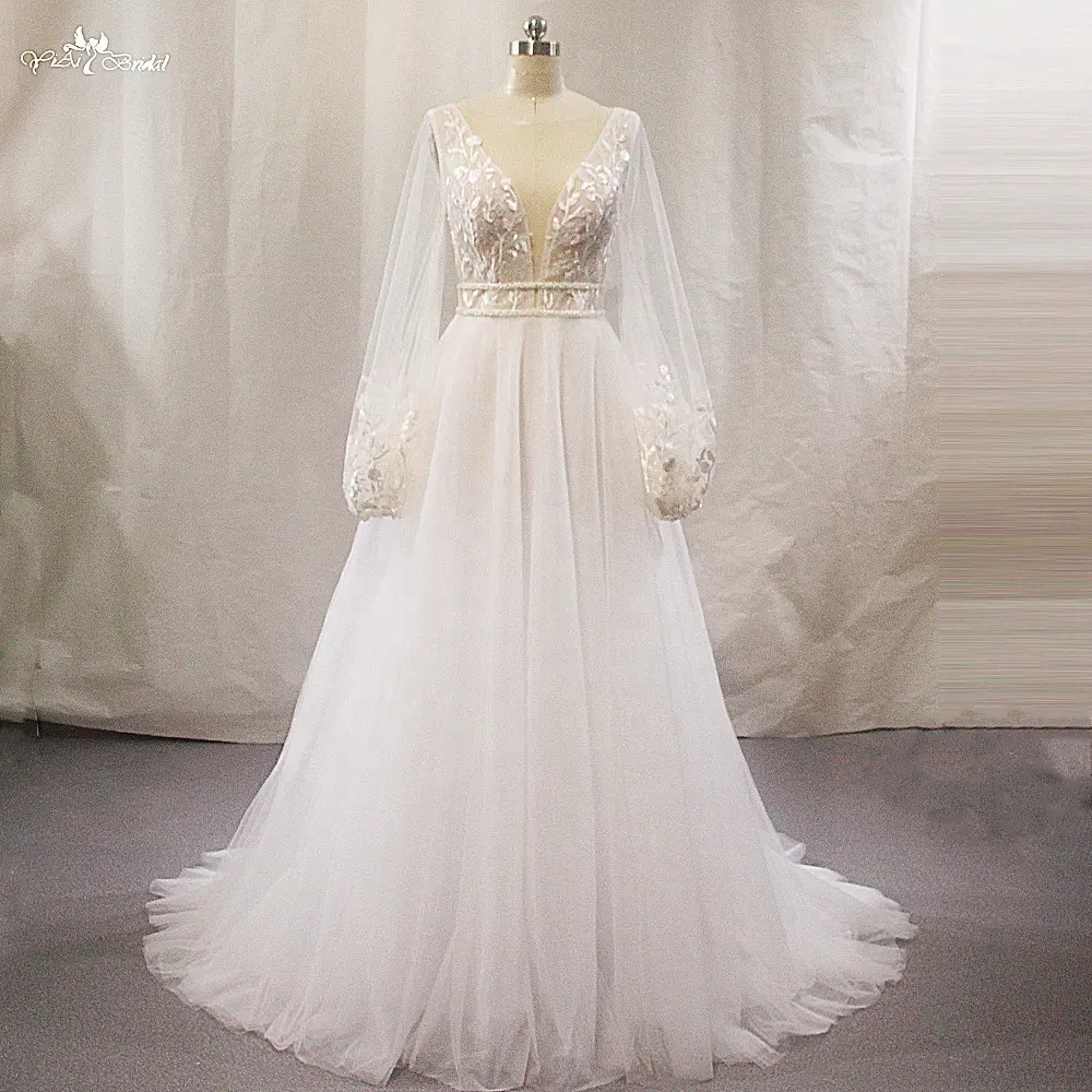 LZ491 Boho V Neck Puff Sleeve Soft Tulle Wedding Dresses Delicate Appliques Small Pearls Sashes Illusion Backless Beach Dress