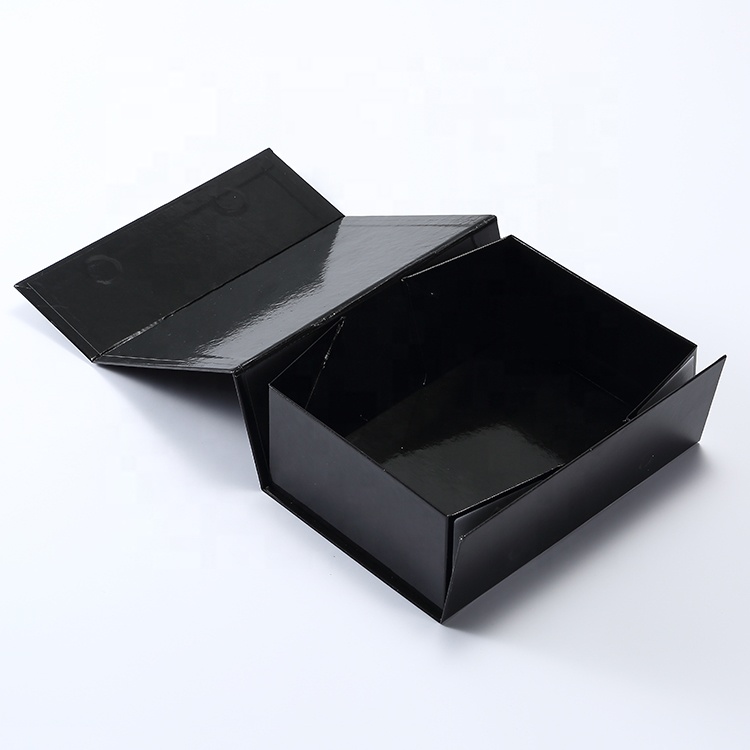 Manufacture folding cosmetic product packaging black paper magnetic glossy box with custom logo