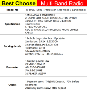 Đài Phát Thanh Có Thể Sạc Lại Bằng Gỗ Thật Nhiều Băng Tần R-1969BT Retro Với Liên Kết Không Dây, <span class=keywords><strong>Usb</strong></span>, Máy Nghe Nhạc Mp3 Năng Lượng Mặt Trời Và Khe Cắm Đèn - Product Image 6