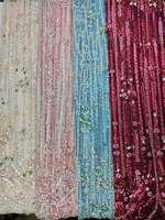 Tissu en dentelle lourdement perlé, fuchsia, argenté, avec strass et paillettes, à rayures verticales et motif en arche, style africain Dubaï pour robe Aso Ebi