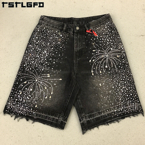 Pantaloncini di <span class=keywords><strong>jeans</strong></span> in cotone lavato Vintage con ricamo personalizzato da <span class=keywords><strong>uomo</strong></span> in strass al ginocchio Jorts da <span class=keywords><strong>uomo</strong></span> - Product Image 3