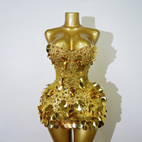 Disco Mini-Kleid mit Spiegelpailletten, Kristallbesetztes Trägerloses Showgirl Festival Bühnenkostüm Metallisches Partykleid für Damen