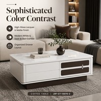 Table basse de salon moderne en bois laqué artisanal, finitions contrastées bicolores, avec tiroirs de rangement et panneau en verre technologique, pour la vente en gros
