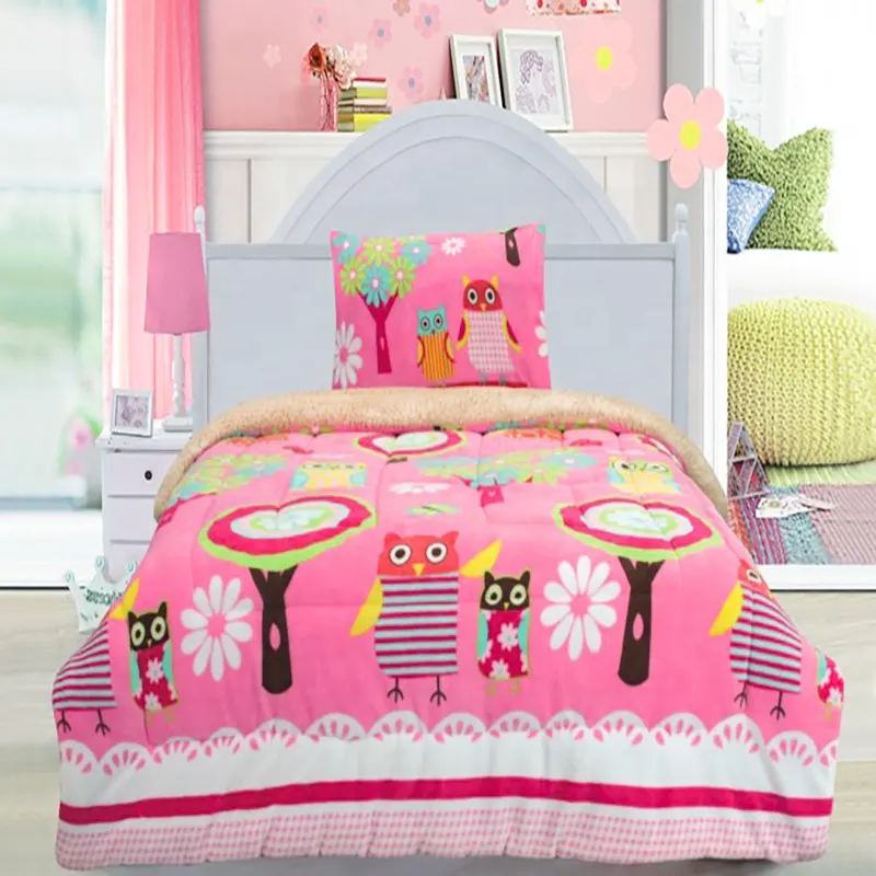 Flannel Sherpa Fabric Pink Owl Cute Kids Designer Blanket Baby Sleep Bed Twin Comforter Bedding Set