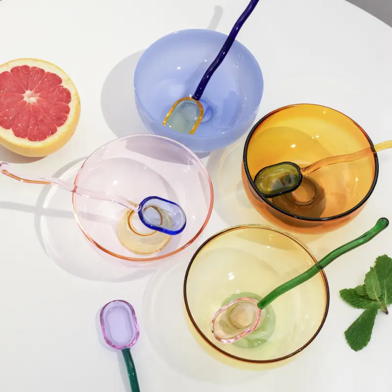 Bols à soupe à salade de fruits en verre au Design Unique, couverts de Table de maison, résistant aux nouilles, bol en verre de couleur riz ensemble de cuillères