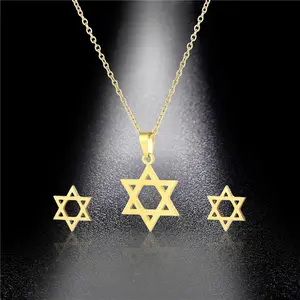 NUORO Hot minimalis trendi 18K baja tahan karat berlapis emas perhiasan Hexagram bintang Yahudi David liontin kalung Set anting-anting
