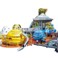 Structure de jeu extérieure sur mesure en acier inoxydable avec toboggan et filet d'escalade, thèmes fusée spatiale, planète, OVNI ; Équipement de jeu extérieur non motorisé