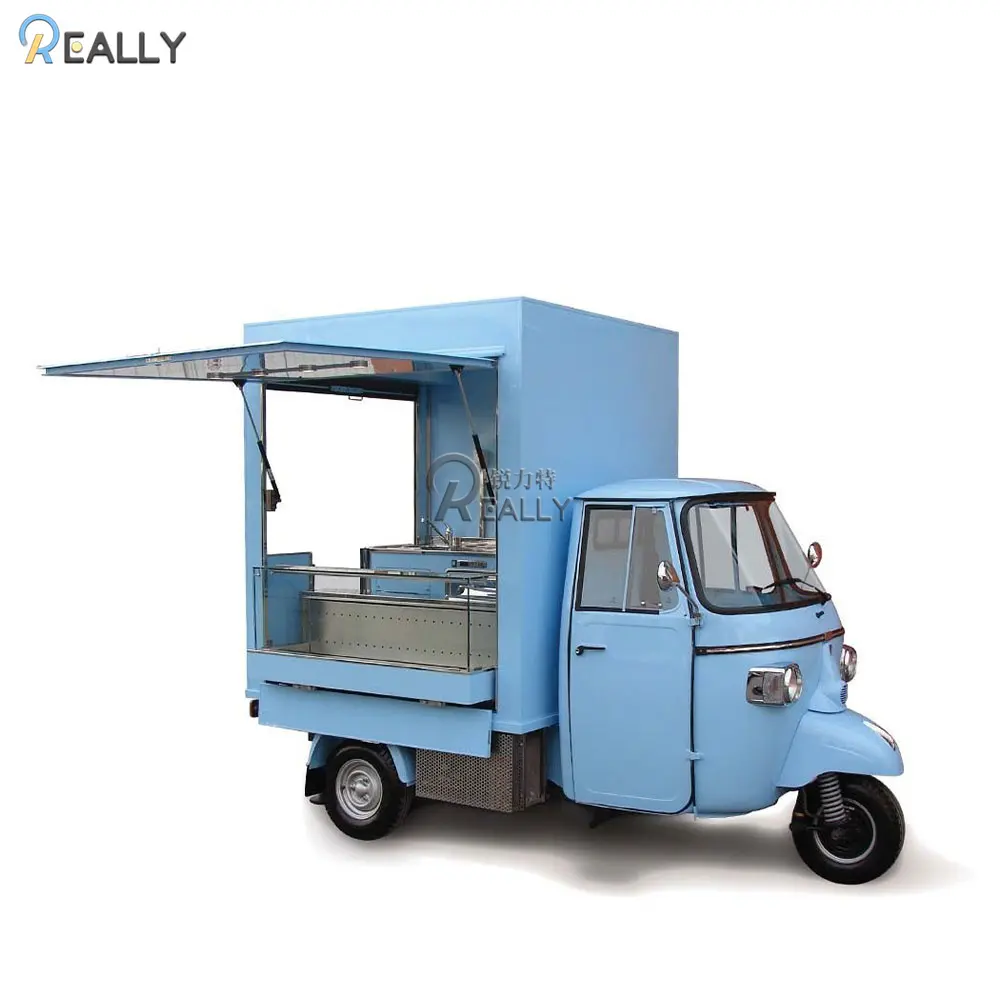 2024 portabel Display penjual makanan ringan mobil roda tiga makanan Ape disesuaikan es krim katering keranjang truk untuk luar ruangan jalan taman