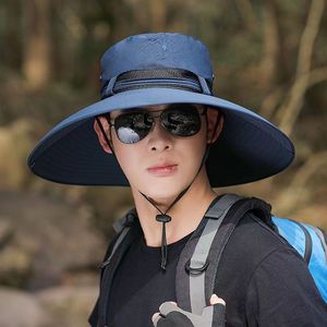 Outdoor Wide Brim Bucket <b>Hat</b> For Men Breathable Sun Protection Hiking Fishing <b>Hat</b> <b>Summer</b> Quick Dry Navy Blue Adult Sports Cap - Product Image 1