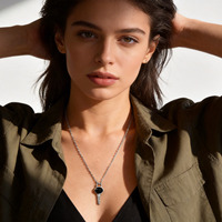 Nouveau Collier en Acier Inoxydable Anti-Décoloration, Pendentif Clé Minimaliste avec Agate Noire, Accessoires de Mode Assortis pour Couples MGXL625