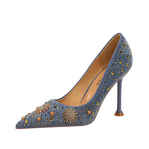 278-16 الرجعية جلد الغزال عالية الكعب الضحلة الفم وأشار حجر الراين المعادن الزخرفية حجر الراين مثير ملهى ليلي الأحذية - Product Image 6