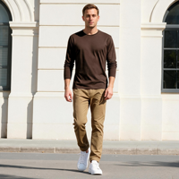 T-shirt à manches longues pour homme en coton mercerisé de qualité supérieure, tricoté, blanc, séchage rapide, respirant, 200 grammes, coupe classique, décontracté, pour tous les jours
