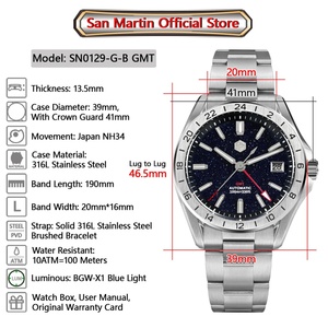 San Martin 39mm Natural Gemstone Dial Men Watch Mechanical NH34 <b>Automatic</b> GMT <b>Wristwatch</b> Luxury Sapphire BGW-X1 Swim SN0129B - Product Image 6