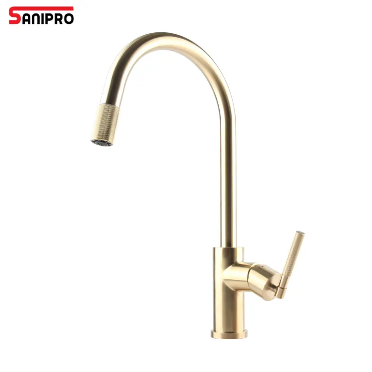 Sanipro Chất lượng cao Vàng knurl Brass xử lý SUS304 thép không gỉ linh hoạt kéo ra xuống bồn rửa nhà bếp Vòi Mixer tap