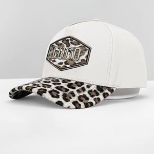 Gorra de Béisbol de 5 Paneles, Bicolor, con Corona Alta, Bordado de Logotipo en Parche de Cuero Personalizado, Diseño de Camuflaje de <span class=keywords><strong>Leopardo</strong></span>, Estructurada, 100% Algodón, Venta al Por Mayor - Product Image 1