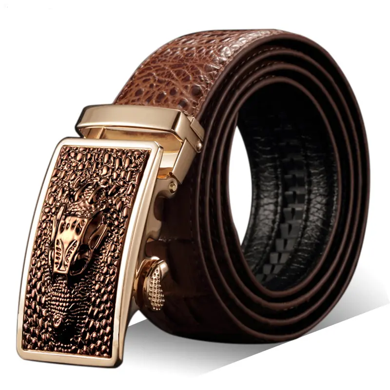 Dongguan famous brand brown luxury automatic embossed crocodile leather men belt