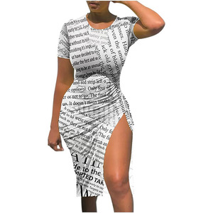 Vente en gros de <span class=keywords><strong>robe</strong></span> de club <span class=keywords><strong>moulante</strong></span> pour femmes Plus Size Slit Midi Tshirt Dresses Ladies Summer Sexy News Paper Date Night Curvy Dress - Product Image 1