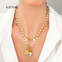 KAVNAR - Collar de Perlas Chapado en Oro de 18K al por Mayor, Cadena de Acero Inoxidable en Capas con Colgante de Corazón, Joyería para Mujer, OEM Personalizado