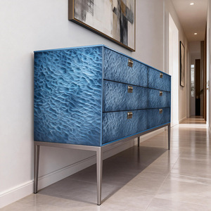 Cassettiera di Lusso Blu Texturizzata Stile Wabi-Sabi, Comò Moderno con Gambe in Metallo, Mobile in Legno con Sei Cassetti per Soggiorno - Product Image 1
