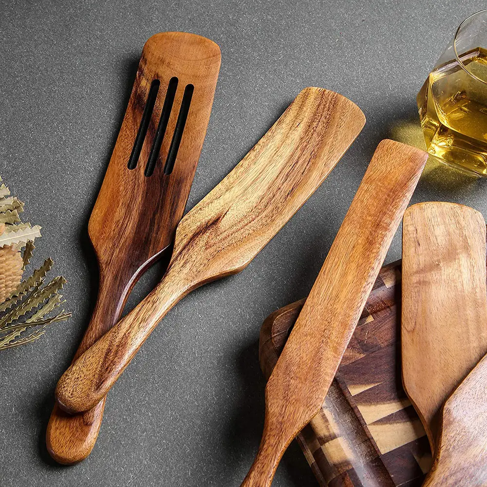 Juego de utensilios de cocina de madera de teca Natural, resistente al calor, utensilios de cocina antiadherentes, espátula ranurada