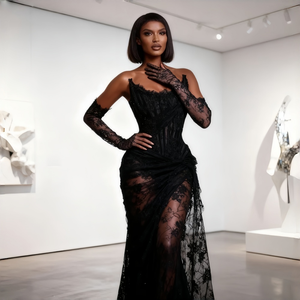 Vải ren cho đế chế eo váy cưới maxi sang trọng-Ren đen không tay kích thước lớn cho phụ nữ béo - Product Image 5