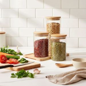Pot de conservation alimentaire professionnel en verre borosilicate hermétique avec couvercle en bambou, empilable, pour épices, céréales, haricots, légumes - Product Image 1