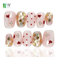Ongles à presser en gel à pois faits à la main, vente en gros, ongles à coller à paillettes épaisses, ongles en acrylique rose gelée Saint-Valentin personnalisés