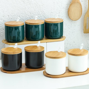 Bol à sucre en céramique de style <span class=keywords><strong>japonais</strong></span> minimaliste moderne avec cuillère et couvercle en bambou, bol à sel pour assaisonnement, vaisselle de cuisine élégante, pain - Product Image 4