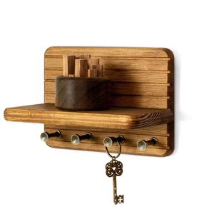 Solid Wood Wall Mounted Storage Rack Key Holder Double Layer <b>Shelf</b> With <b>Hooks</b> For Entryway Coat Rack - Product Image 1