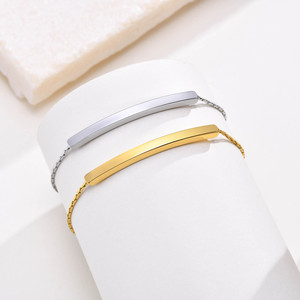 Minimalist Stainless Steel Hammered Round Chain Bracelet Blank Curved Bar Adjustable Custom <b>Engravable</b> Personalized Jewelry - Product Image 2