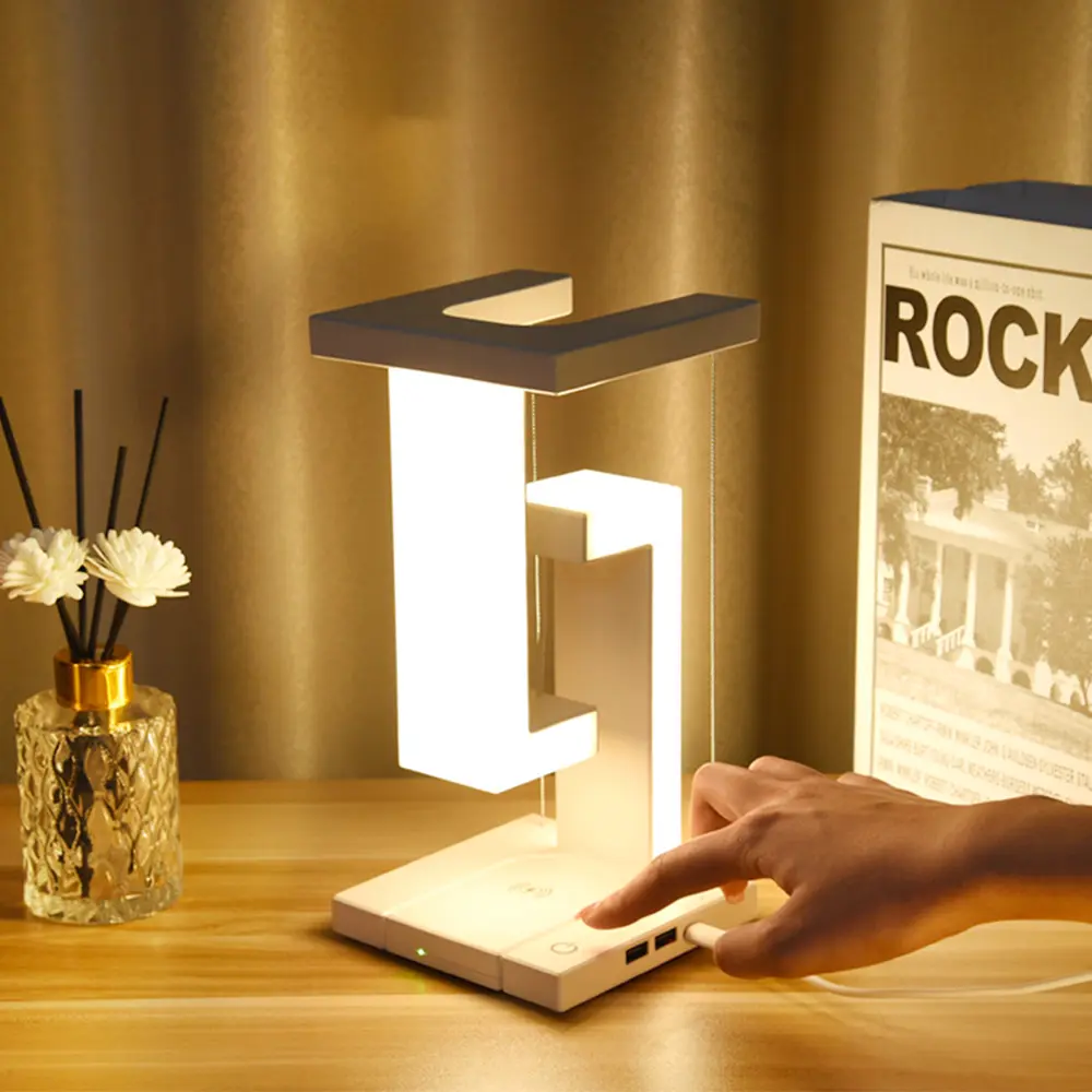 Lámpara de mesa antigravedad de levitación magnética con atenuación con carga de teléfono, luces de mesa de escritorio Led plegadas, lámpara de escritorio LED con Control táctil