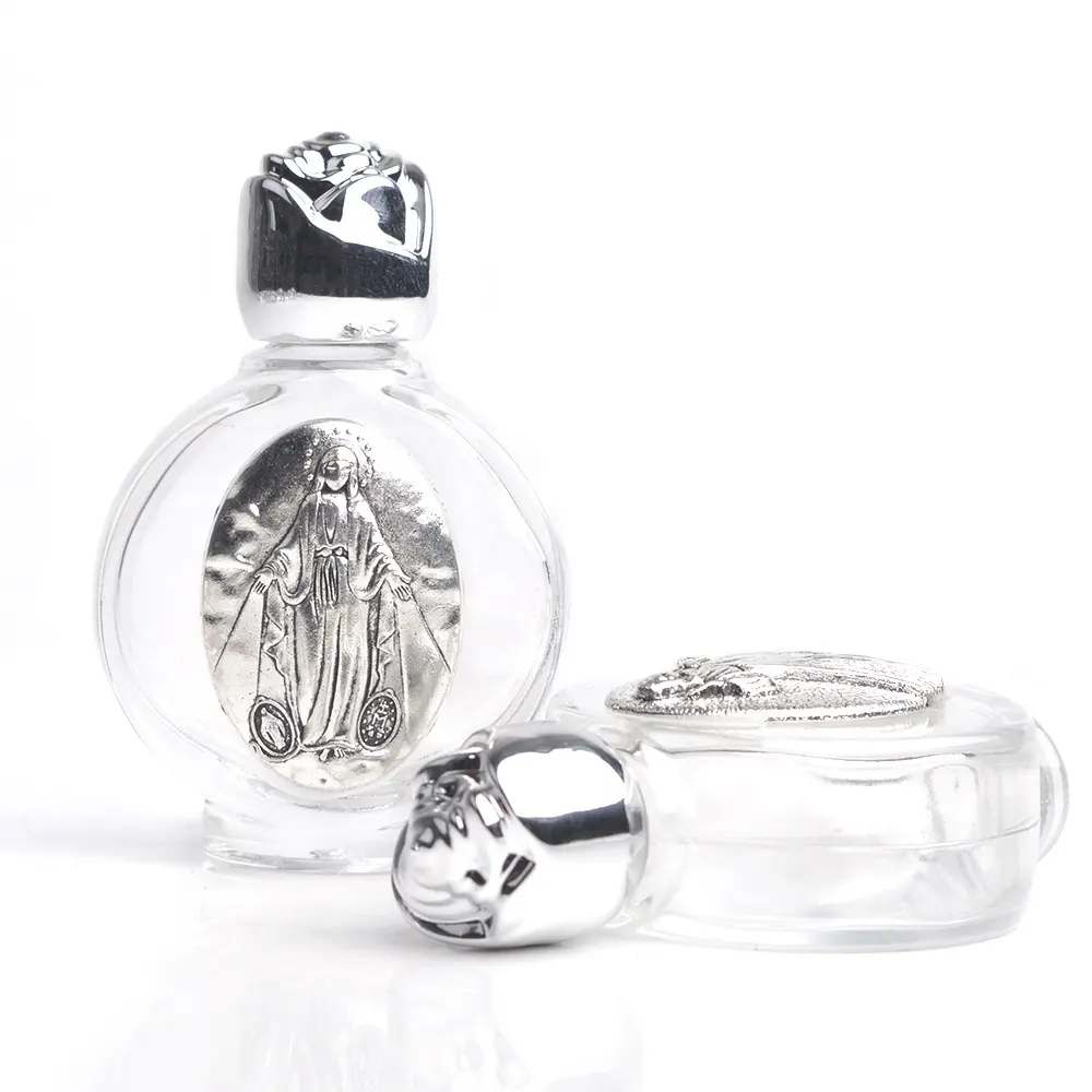 Silver Religious Saints Jesus Virgin Mary Rose Shape Screw Cap 15ml Holy Water Glass Bottle