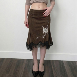 Falda Midi Asimétrica Floral Vintage Marrón para Mujer, con Ribete de Encaje, Fruncida, Corte en A, Transpirable y Ecológica para Verano - Product Image 6