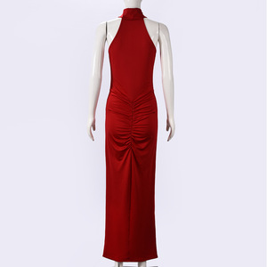 Sexy cuello Halter sin mangas apretado Bodycon mujeres frente Split Casual vestido largo vestido occidental para mujeres - Product Image 5