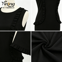 Robe fourreau de bureau moulante noire pour femme, sans manches, en mousseline de soie premium, avec volants, col rond, coupe ajustée, style professionnel décontracté, OEM ODM