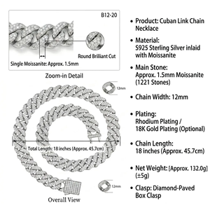 Collar <span class=keywords><strong>de</strong></span> <span class=keywords><strong>Cadena</strong></span> Cubana Truestar <span class=keywords><strong>de</strong></span> 12 mm <span class=keywords><strong>de</strong></span> Ancho, Estilo Hip Hop, Plata S925, 16-24 Pulgadas, Collar Cubano Miami para <span class=keywords><strong>Hombre</strong></span> - Product Image 3