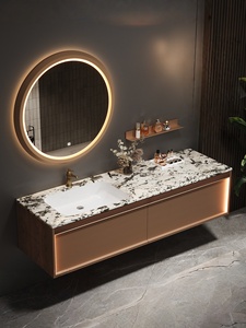 Customized Italian style light luxury style natural marble seamless ceramic basin intelligent <b>mirror</b> bathroom cabinet - Product Image 1