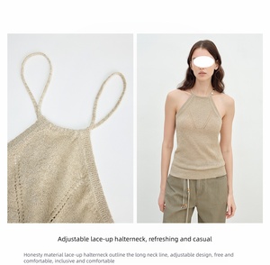 Débardeur sans manches décontracté pour femmes Camisole courte à col licou en lin avec cravate en perles en <span class=keywords><strong>bois</strong></span> et gilet tricoté creux - Product Image 4