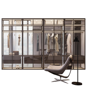 Armoires, placards, meubles de chambre à coucher, porte coulissante à charnières en aluminium doré moderne avec verre - Product Image 3
