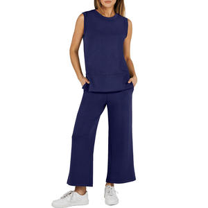 Set da donna europeo americano estivo in due pezzi nuovo stile Casual senza maniche ampio collo ampio <span class=keywords><strong>pantaloni</strong></span> <span class=keywords><strong>con</strong></span> <span class=keywords><strong>spacco</strong></span> tinta unita lungo - Product Image 4