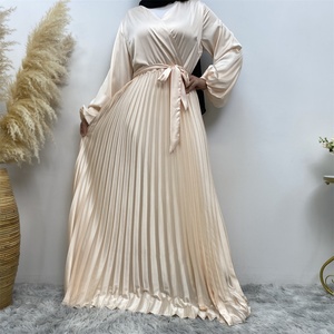 6377# Chic and Elegant Design Elastic Cuff Long Sleeves V Neck Pleated Satin Dress Match All Occasions Muslim <b>Islamic</b> Clothing - Product Image 2