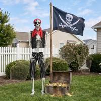 Squelette de pirate d'Halloween SIPKLR 165 cm, taille réelle, articulations mobiles, squelette humain en plastique, décoration, bandana rouge, cache-œil